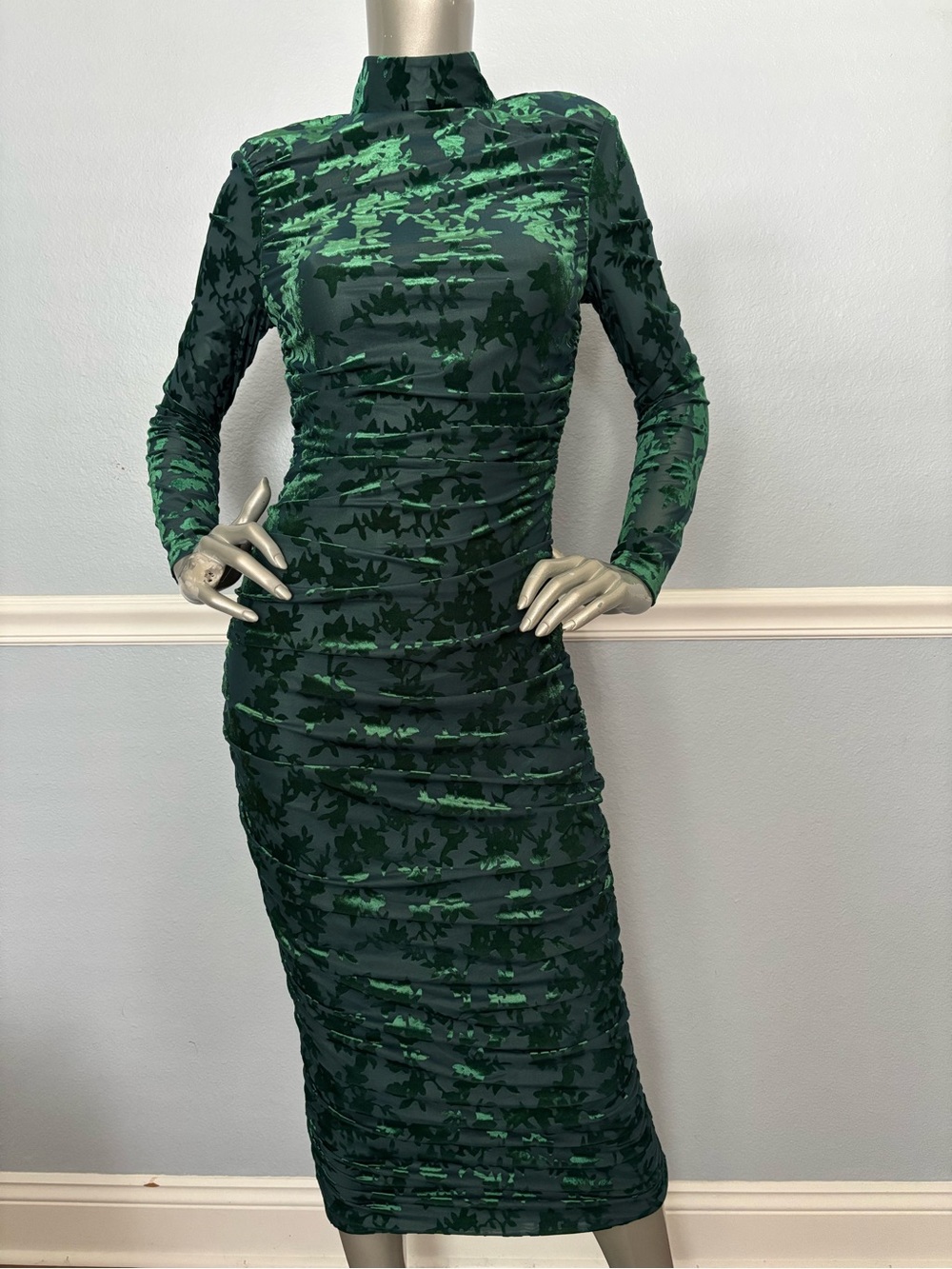 Belle by Badgley Mischka Kendall Velvet Burnout Ruched Dress Dark Green 2